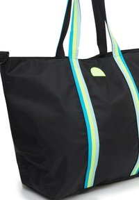 Borsa a tracolla nera realizzata in nylon, con strisce blu e giallo neon, doppie maniglie e una piccola accentatura del logo. Forma rettangolare.