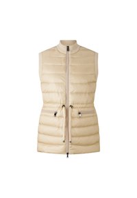 Beige ärmellose Steppweste mit gestreiftem hohen Kragen, Reißverschluss vorne, Kordelzug in der Taille und zwei Reißverschlusstaschen; glatte, gesteppt Textur.