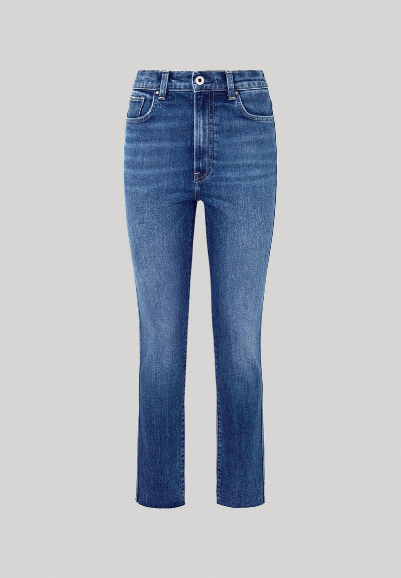 Vaqueros de cintura alta en denim azul, con un corte recto, un desvanecimiento mínimo y un cierre clásico de botón con estilo de cinco bolsillos.