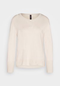 Pull crème à manches longues avec col rond et poignets côtelés, présenté sur un fond clair uni.