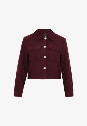 Bordeauxfarbene, taillierte Jacke mit Kragen, mit Silberknöpfen und zwei Fronttaschen. Hergestellt aus einem strukturierten, warmen Stoff.