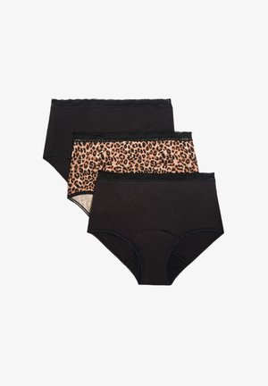 Three pairs of panties: two in solid black with lace trim, one with a leopard print middle section and black trim. Cotton material, high-waisted design.