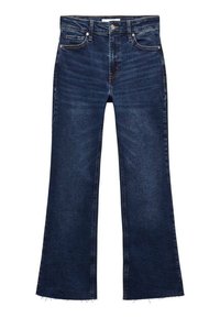 Jean évasé bleu foncé avec une taille mi-haute, des poches avant et un ourlet brut. Confectionné en denim à la texture lisse.