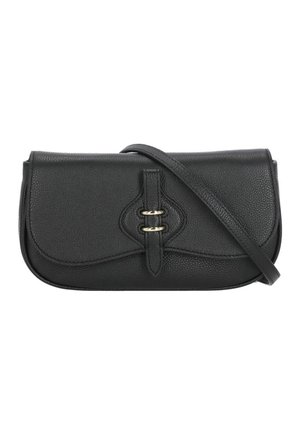 Černá texturovaná kožená kabelka přes rameno s zakřiveným překlápěcím víkem a zlatým zapínáním, vybavená tenkým nastavitelným popruhem.