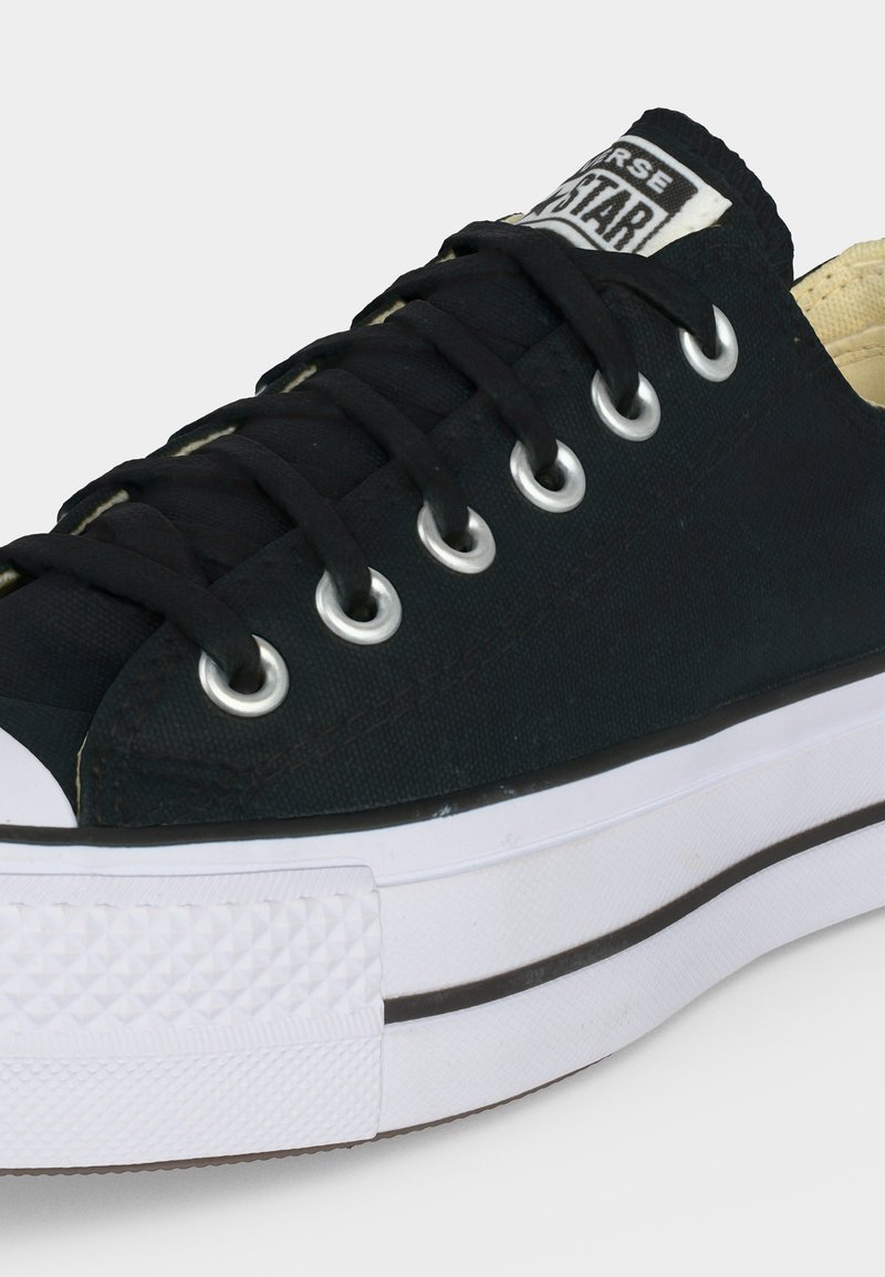 Sneaker in tela nera bassa con suola in gomma bianca, occhielli in metallo, lacci neri e logo Converse All Star visibile sulla linguetta.
