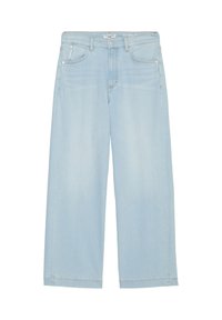 Světle modré džíny s širokým střihem, předními kapsami, poutky na opasek a zapínáním na knoflík.