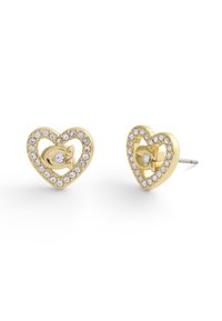 Gold heart-shaped earrings with a central design element, surrounded by a circle of small clear crystals. Metal post for securing.