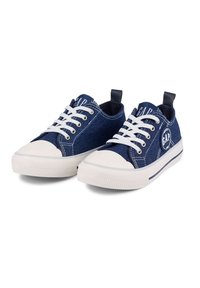 Denim sneakers in dark blue with white rubber soles and toe caps. Features white laces and a logo patch on the side. Textured material.
