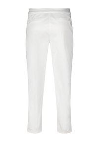 White pants with a smooth texture, cropped length, and two back pockets. Made of lightweight fabric, featuring a flat waistband for comfort.