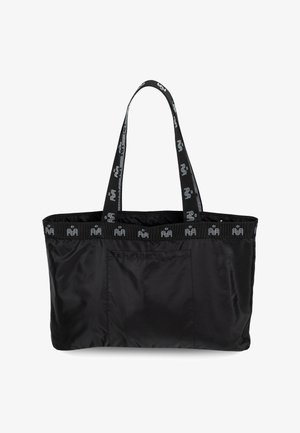 Zwarte nylon schoudertas met grote rechthoekige vorm, voorzien van logo-geprinte webbandhandvatten en een voorvak voor extra functionaliteit.