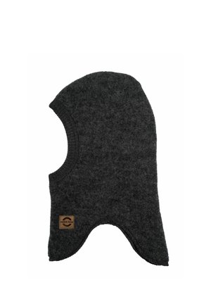 Grijze wollen balaclava met ronde top, dikke textuur en ribbelrand. Bevat een klein bruin label aan de zijkant.