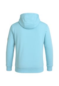 Lichtblauwe hoodie met een trekkoordkap, ribbelmanchetten en een ribbelzoom. Heeft een gladde textuur en een klein logo-ophaal op de linkermouw.