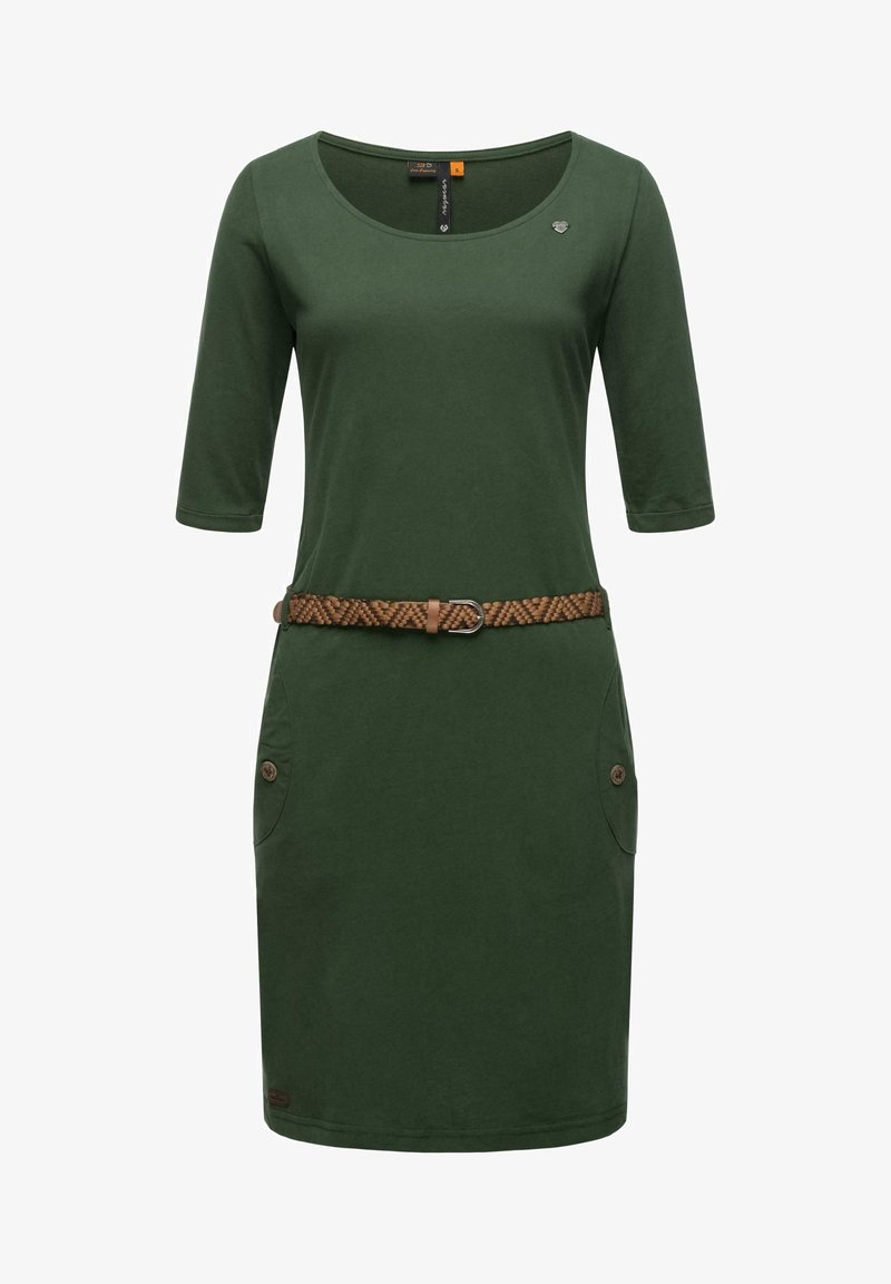 Zaļš kokvilnas kleita ar trīs ceturtdaļu piedurknēm, apaļu kakla izgriezumu, sānu kabatām ar pogām un austu brūnu jostu jostasvietā.