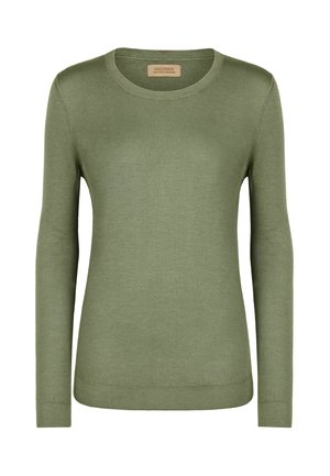 Grøn sweater med lange ærmer lavet af blødt materiale. Den har en klassisk rund hals og ribbede manchetter og kant. Ingen mønstre eller hardware synlige.