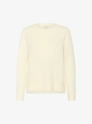 Balts šūts džemperis ar apaļu kakla izgriezumu, garām piedurknēm un ribotu apakšmalu. Mīksta tekstūra ar brīvu piegriezumu un sānu šķelumiem apakšā.