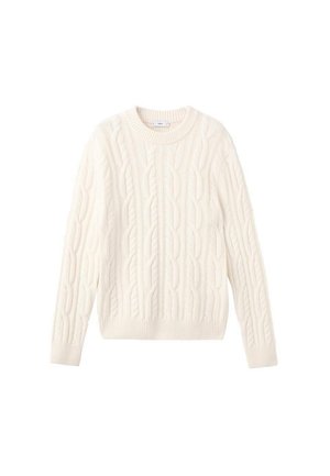 Cream cable-knit sweater with a round neck, ribbed cuffs, and hem. Features textured patterns throughout the body, made from soft fabric.