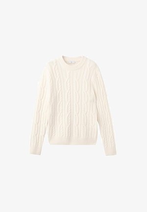 Maglione crema a trecce con collo rotondo, polsini e orlo a coste. Presenta motivi testurizzati su tutto il corpo, realizzato in tessuto morbido.