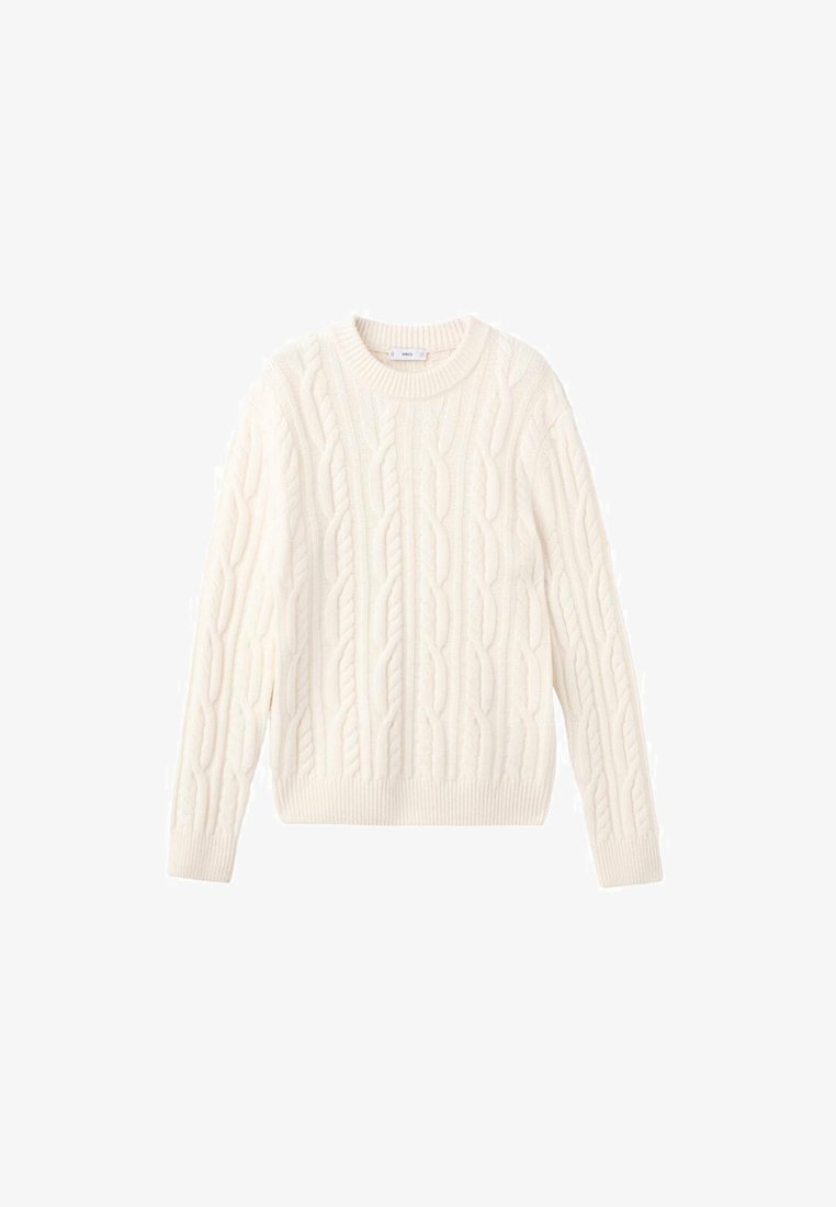 Cream cable-knit sweater with a round neck, ribbed cuffs, and hem. Features textured patterns throughout the body, made from soft fabric.