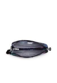 Pochette con zip multicolore realizzata in tessuto resistente, con zip nera e nappina testurizzata. L'interno è foderato in materiale grigio chiaro.