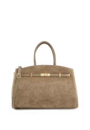 Sac à main en daim beige avec deux poignées, une fine bandoulière avec une boucle dorée, et le nom de la marque "Venezia" embossé sur le devant.