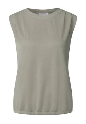 Mouwloos topje van zacht, lichtgewicht stof, met een ronde halslijn en geplooide accenten in een gedempte groene kleur.