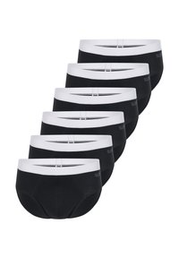Schwarze Baumwollslips mit weißem elastischem Bund, die eine glatte Textur und ein minimalistisches Design aufweisen. Sechs Stück in einer Reihe präsentiert.