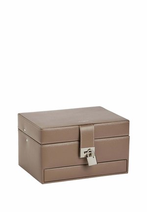Leather storage box in taupe with a smooth texture, features a metallic lock, rectangular shape, and subtle stitching details along the edges.