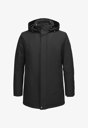 Schwarze isolierte Parka mit Kapuze, Frontreißverschluss und Druckknopfverschluss, seitlichen Taschen und einer glatten Textur. Mit einem Logopatch auf dem oberen Ärmel.