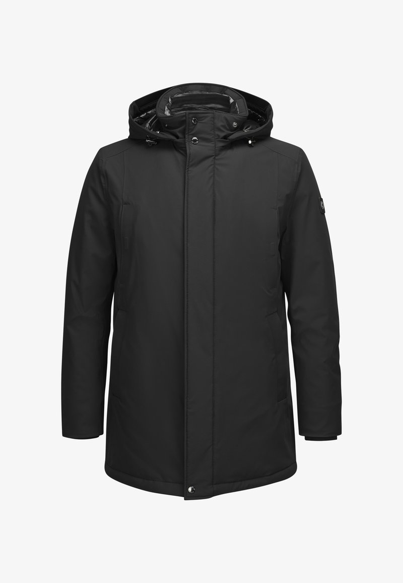 Schwarze isolierte Parka mit Kapuze, Frontreißverschluss und Druckknopfverschluss, seitlichen Taschen und einer glatten Textur. Mit einem Logopatch auf dem oberen Ärmel.