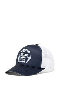 Cappello trucker blu navy con retro in rete bianca. Presenta il logo e la grafica ricamati "Herschel Supply Co." sul pannello frontale. Visiera in tessuto morbido.