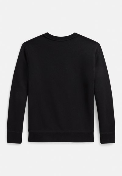 Czarna długa bluza z długim rękawem i okrągłym dekoltem, wykonana z miękkiego materiału. Posiada ściągacze na mankietach i u dołu oraz gładką fakturę, bez widocznych ozdób.