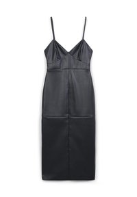 Schwarzes faux Leder Midi-Kleid mit dünnen Spaghetti-Trägern und einem taillierten Oberteil, das Nahtdetails und eine Bleistiftrock-Silhouette aufweist.