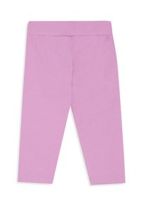 Leggings de algodón rosa con textura suave, cintura elástica y corte de pierna recta. Sin estampados ni elementos visibles de metal.