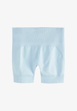 Világoskék kerékpáros nadrág bordázott derékpánttal és sima textúrával. Testhez simuló kialakítású, combközépig érő hosszúságú, aktív viseletre alkalmas.