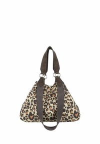 Borsa leopardata con base crema, manici marrone scuro, hardware in argento e forma triangolare. Texture morbida con dettagli accentuati.