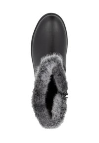 Schwarzer wasserdichter Stiefel mit einem weichen grauen Kunstfellkragen. Das Obermaterial ist strukturiert, und das Innere ist gefüttert für Wärme und Komfort.