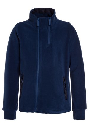 Marineblaue Fleecejacke mit hohem Kragen, durchgehendem Reißverschluss und Seitentaschen. Verfügt über gerippte Bündchen und eine weiche Textur.