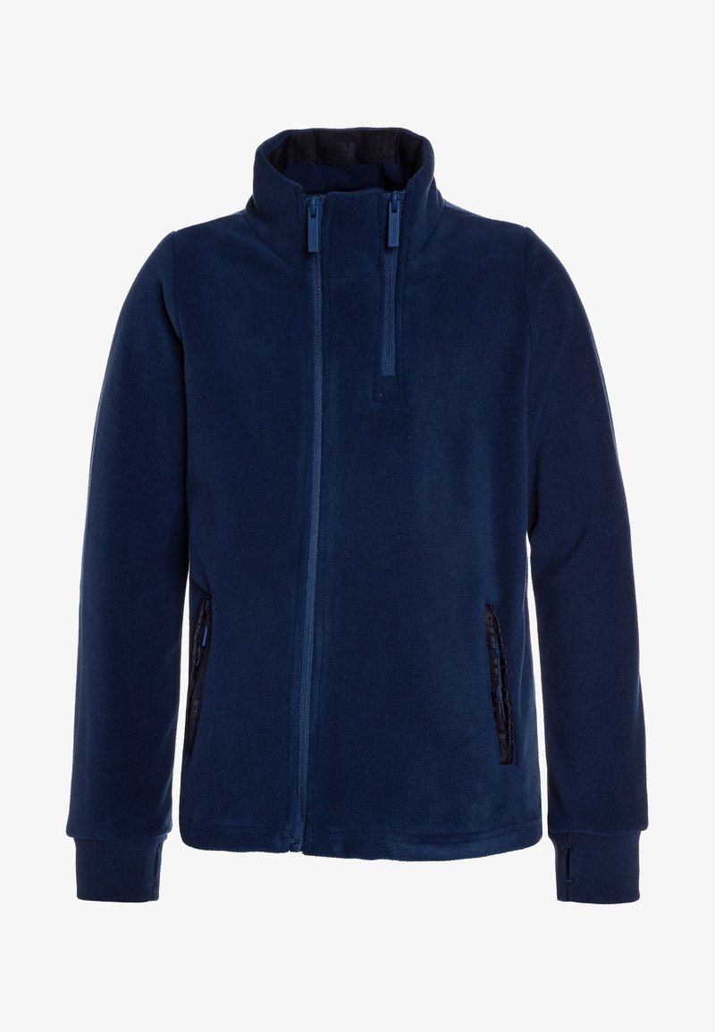 Veste en polaire bleu marine avec col montant, fermeture éclair complète et poches latérales. Dotée de poignets côtelés et d'une texture douce.
