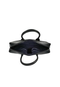 Sort læder håndtaske med to håndtag, åben lynlås der viser en tom mørk stofinteriør med en lille indre lomme og rem.