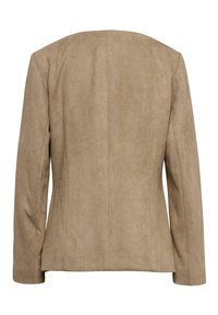 Tan leren blazer met lange mouwen en een gestructureerde vorm. Kenmerkt zich door een gladde textuur en strakke, minimalistische naden op de rug.
