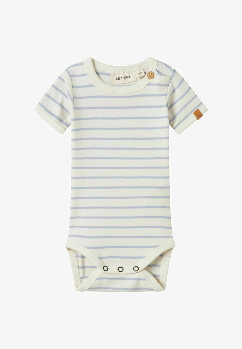 Prugasta kratka majica z rokavi v krema in svetlo modri barvi, z gumbom na rami in pritisnimi gumbi na dnu. Mehka bombažna tkanina.