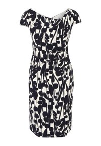 Robe ajustée noire et blanche avec un motif floral abstrait, manches courtes dénudées des épaules et ourlet au genou.