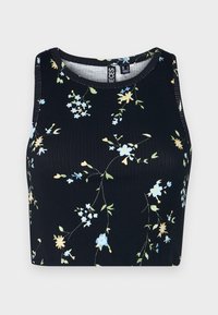 Crop top nero a coste con motivo floreale in azzurro chiaro, giallo e verde. Design senza maniche e scollo rotondo. Tessuto morbido.