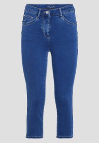 Blauwe denim cropped jeans met een klassiek vijf-pocket ontwerp, gestikte details en een knoopsluiting bij de taille.