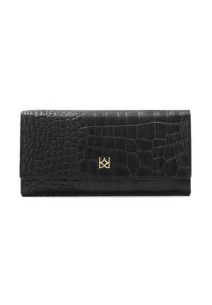 Portefeuille en cuir noir avec un embossage crocodile, mettant en avant un accent logo doré. Forme rectangulaire avec une texture lisse et une fermeture à rabat.