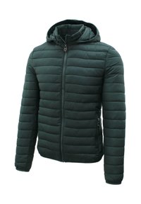 Giacca imbottita verde scuro con cappuccio, caratterizzata da cuciture orizzontali, una cerniera frontale completa e tasche laterali con cerniere.