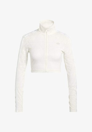 Bílá zkrácená bunda na zip s texturovaným vzorem, vysokým límcem a bílými pruhy podél rukávů. Na hrudi je jemné logo.