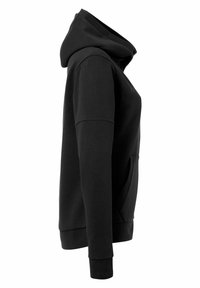 Felpa nera con cappuccio realizzata in tessuto morbido, dotata di tasca a marsupio, polsini a costine e vestibilità comoda; design minimalista senza decorazioni.