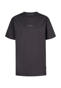 Zwarte katoenen t-shirt met een ronde halslijn, korte mouwen en een bedrukte logo aan de voorkant. Rechte zoom en zacht textuur.
