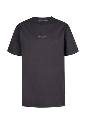 Zwarte katoenen t-shirt met een ronde halslijn, korte mouwen en een bedrukte logo aan de voorkant. Rechte zoom en zacht textuur.